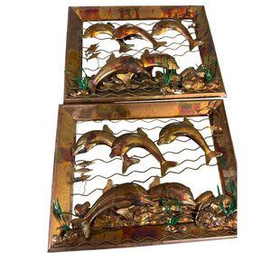 2 Vtg Copper Brass Seascape Wall Art Dolphins Fish MCM Brutalist Nautical Decor